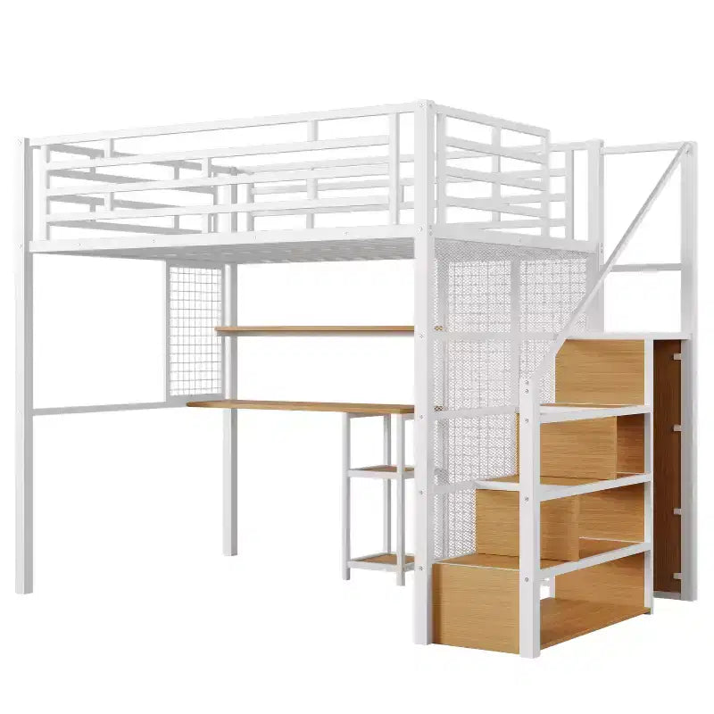 Letto a soppalco full-size con scrivania e armadio, struttura in metallo resistente con scale e ripiani in legno per bambini e ragazzi