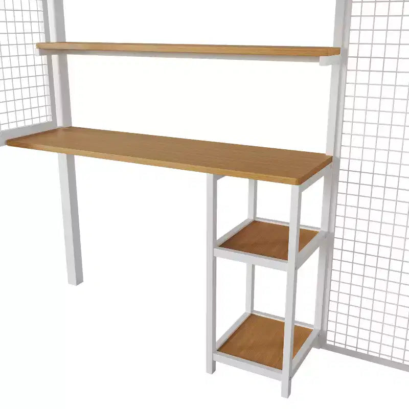 Letto a soppalco full-size con scrivania e armadio, struttura in metallo resistente con scale e ripiani in legno per bambini e ragazzi