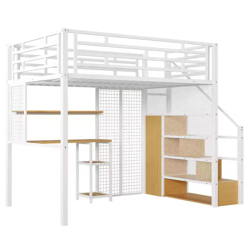 Letto a soppalco full-size con scrivania e armadio, struttura in metallo resistente con scale e ripiani in legno per bambini e ragazzi