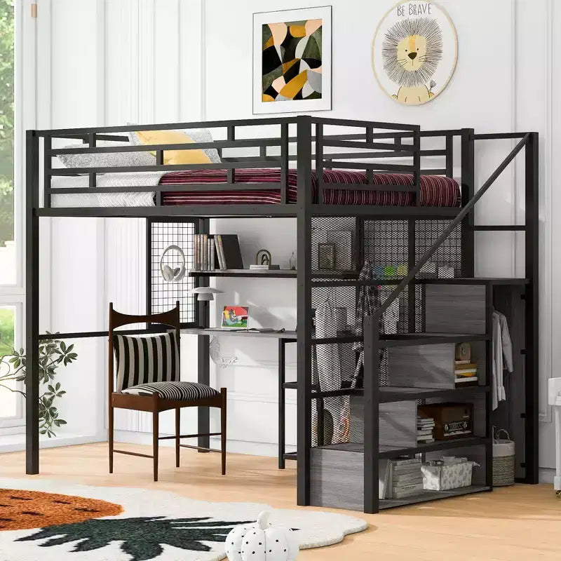 Letto a soppalco full-size con scrivania e armadio, struttura in metallo resistente con scale e ripiani in legno per bambini e ragazzi
