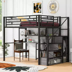 Letto a soppalco full-size con scrivania e armadio, struttura in metallo resistente con scale e ripiani in legno per bambini e ragazzi