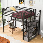 Letto a soppalco full-size con scrivania e armadio, struttura in metallo resistente con scale e ripiani in legno per bambini e ragazzi