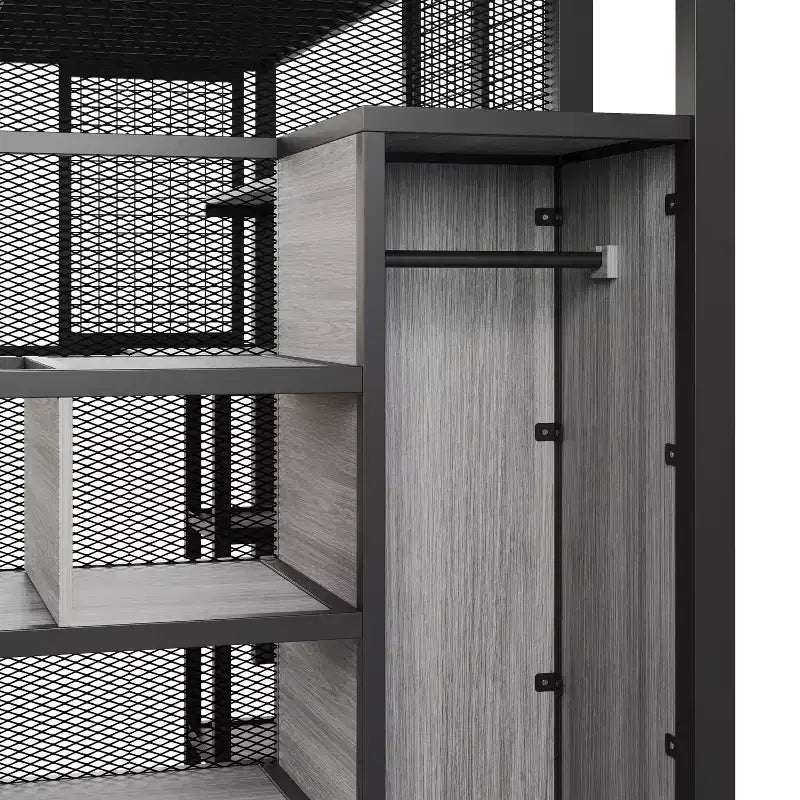 Letto a soppalco full-size con scrivania e armadio, struttura in metallo resistente con scale e ripiani in legno per bambini e ragazzi