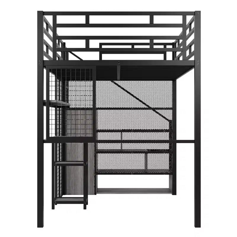 Letto a soppalco full-size con scrivania e armadio, struttura in metallo resistente con scale e ripiani in legno per bambini e ragazzi
