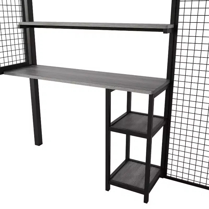 Letto a soppalco full-size con scrivania e armadio, struttura in metallo resistente con scale e ripiani in legno per bambini e ragazzi