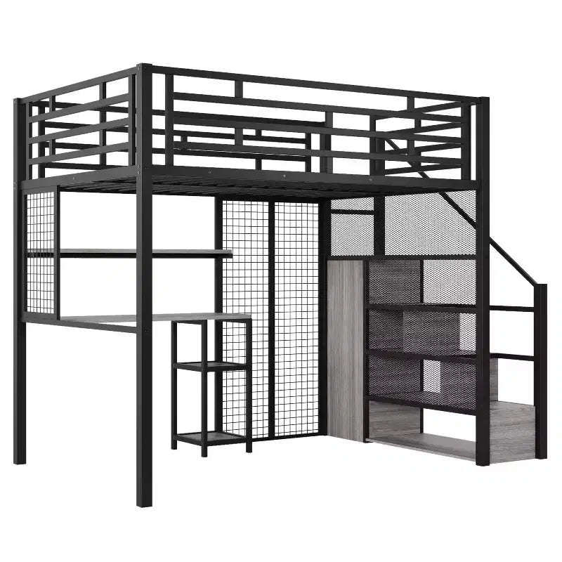 Letto a soppalco full-size con scrivania e armadio, struttura in metallo resistente con scale e ripiani in legno per bambini e ragazzi