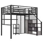 Letto a soppalco full-size con scrivania e armadio, struttura in metallo resistente con scale e ripiani in legno per bambini e ragazzi