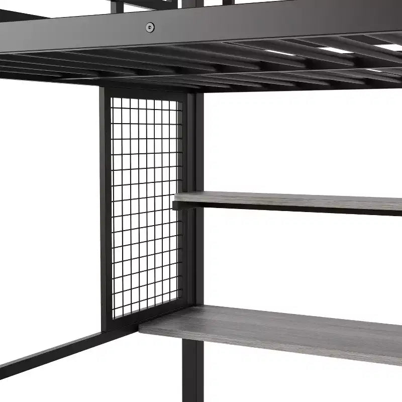 Letto a soppalco full-size con scrivania e armadio, struttura in metallo resistente con scale e ripiani in legno per bambini e ragazzi