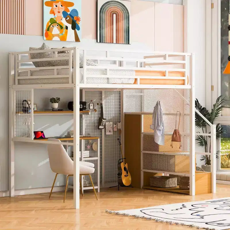 Letto a soppalco full-size con scrivania e armadio, struttura in metallo resistente con scale e ripiani in legno per bambini e ragazzi