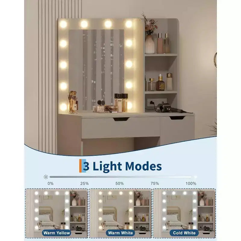 Tocador alto da 55 pollici, scrivania da trucco con specchio e luci a 3 colori, mensole portaoggetti e cassettiera, toletta per camera da letto