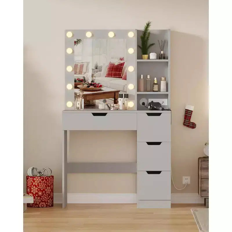 Tocador alto da 55 pollici, scrivania da trucco con specchio e luci a 3 colori, mensole portaoggetti e cassettiera, toletta per camera da letto