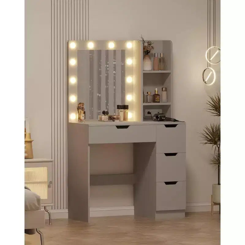 Tocador alto da 55 pollici, scrivania da trucco con specchio e luci a 3 colori, mensole portaoggetti e cassettiera, toletta per camera da letto