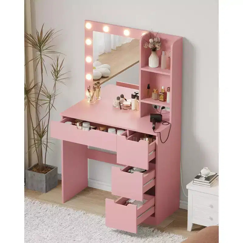 Tocador alto da 55 pollici, scrivania da trucco con specchio e luci a 3 colori, mensole portaoggetti e cassettiera, toletta per camera da letto