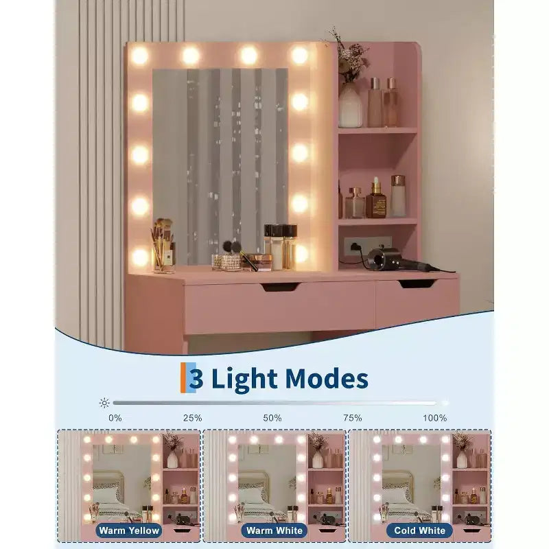 Tocador alto da 55 pollici, scrivania da trucco con specchio e luci a 3 colori, mensole portaoggetti e cassettiera, toletta per camera da letto