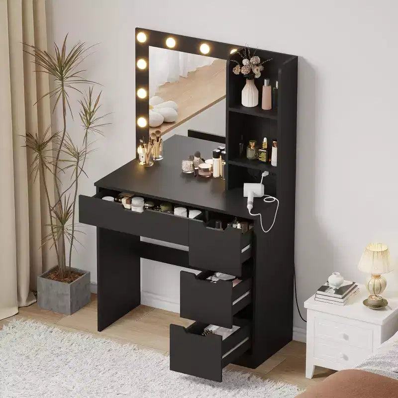 Tocador alto da 55 pollici, scrivania da trucco con specchio e luci a 3 colori, mensole portaoggetti e cassettiera, toletta per camera da letto