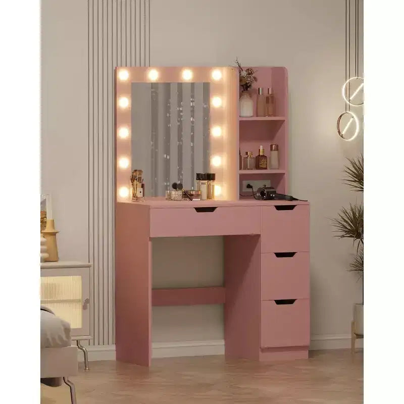 Tocador alto da 55 pollici, scrivania da trucco con specchio e luci a 3 colori, mensole portaoggetti e cassettiera, toletta per camera da letto