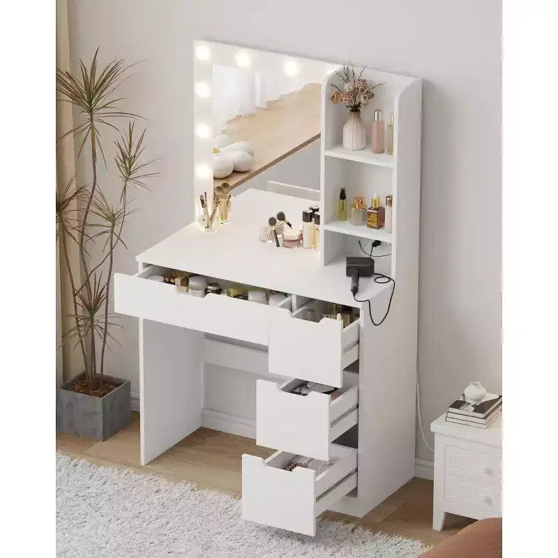 Tocador alto da 55 pollici, scrivania da trucco con specchio e luci a 3 colori, mensole portaoggetti e cassettiera, toletta per camera da letto
