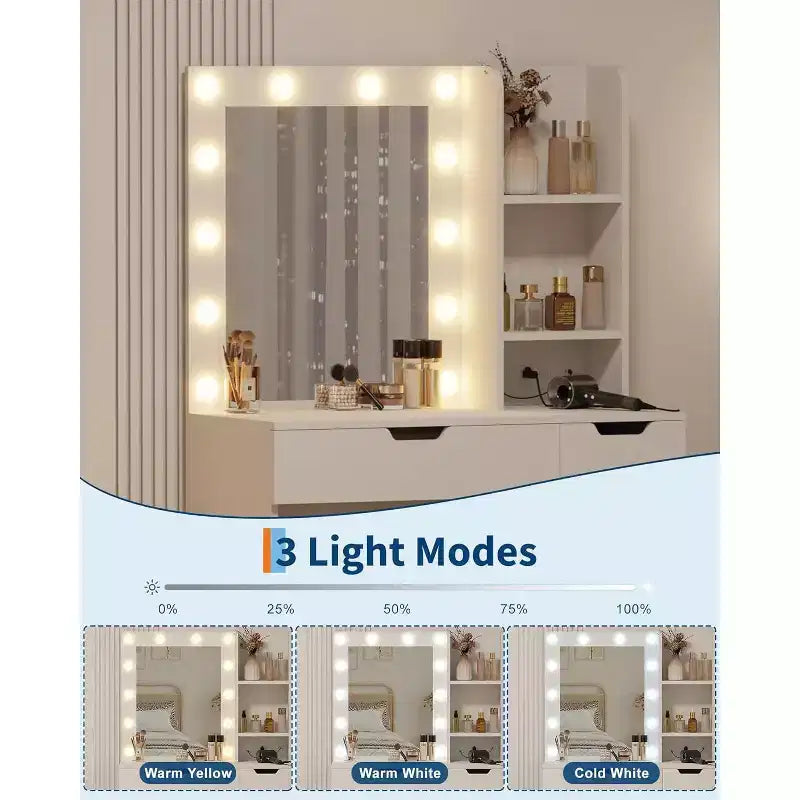 Tocador alto da 55 pollici, scrivania da trucco con specchio e luci a 3 colori, mensole portaoggetti e cassettiera, toletta per camera da letto
