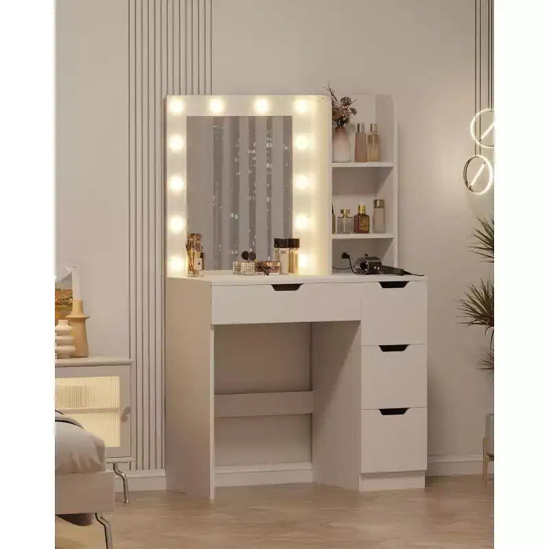 Tocador alto da 55 pollici, scrivania da trucco con specchio e luci a 3 colori, mensole portaoggetti e cassettiera, toletta per camera da letto