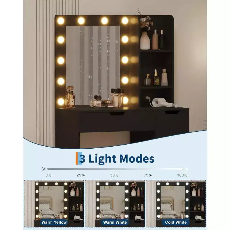 Tocador alto da 55 pollici, scrivania da trucco con specchio e luci a 3 colori, mensole portaoggetti e cassettiera, toletta per camera da letto