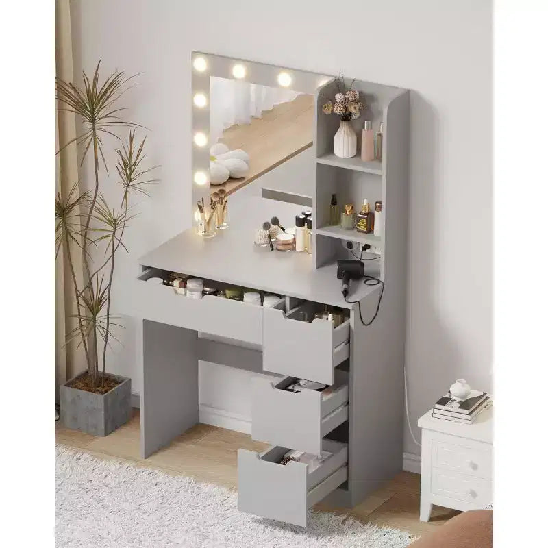 Tocador alto da 55 pollici, scrivania da trucco con specchio e luci a 3 colori, mensole portaoggetti e cassettiera, toletta per camera da letto