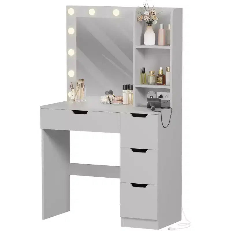 Tocador alto da 55 pollici, scrivania da trucco con specchio e luci a 3 colori, mensole portaoggetti e cassettiera, toletta per camera da letto