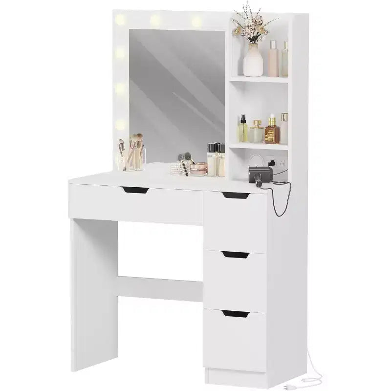 Tocador alto da 55 pollici, scrivania da trucco con specchio e luci a 3 colori, mensole portaoggetti e cassettiera, toletta per camera da letto