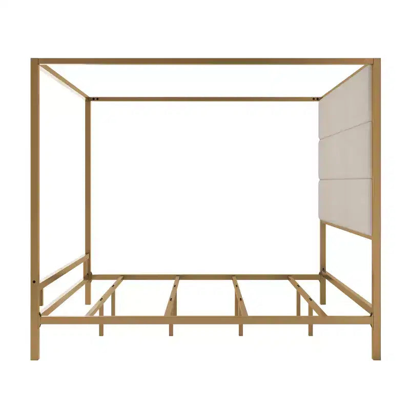 Letto a baldacchino moderno king size con testiera alta in lino imbottita