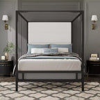 Letto a baldacchino moderno king size con testiera alta in lino imbottita