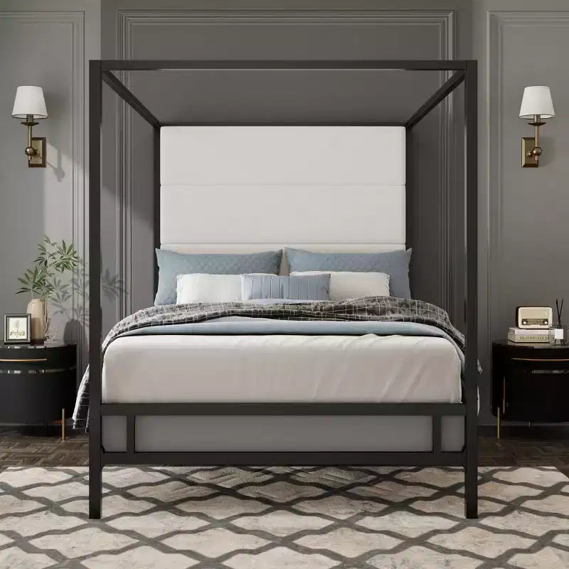 Letto a baldacchino moderno king size con testiera alta in lino imbottita