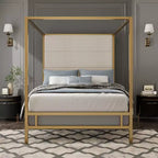Letto a baldacchino moderno king size con testiera alta in lino imbottita
