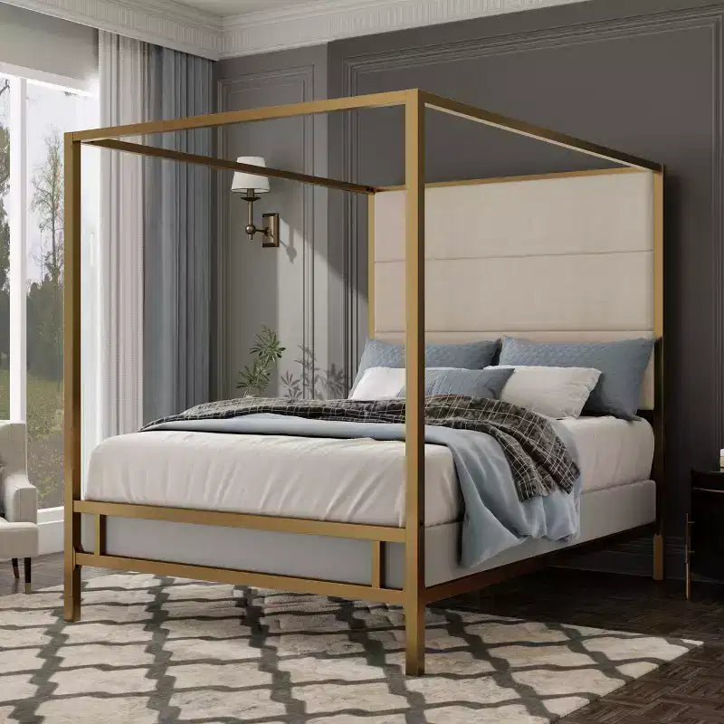 Letto a baldacchino moderno king size con testiera alta in lino imbottita