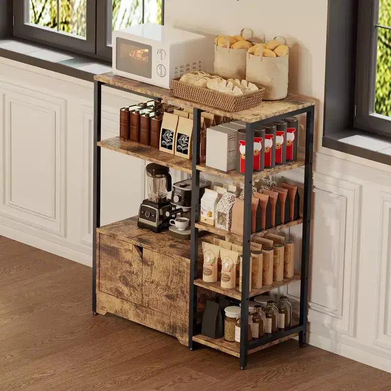 Mobile da Cucina a 5 Ripiani con Ante, Scaffale Multifunzione Indipendente da 97 cm per Microonde e Caffè, Scaffale di Stoccaggio per Cucina, Soggiorno e Ufficio