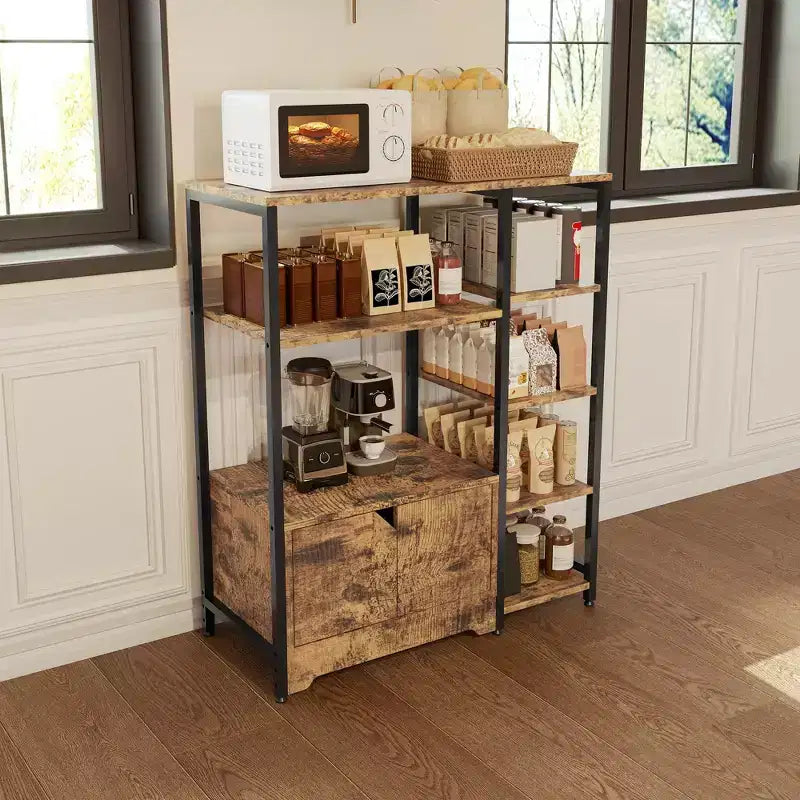 Mobile da Cucina a 5 Ripiani con Ante, Scaffale Multifunzione Indipendente da 97 cm per Microonde e Caffè, Scaffale di Stoccaggio per Cucina, Soggiorno e Ufficio