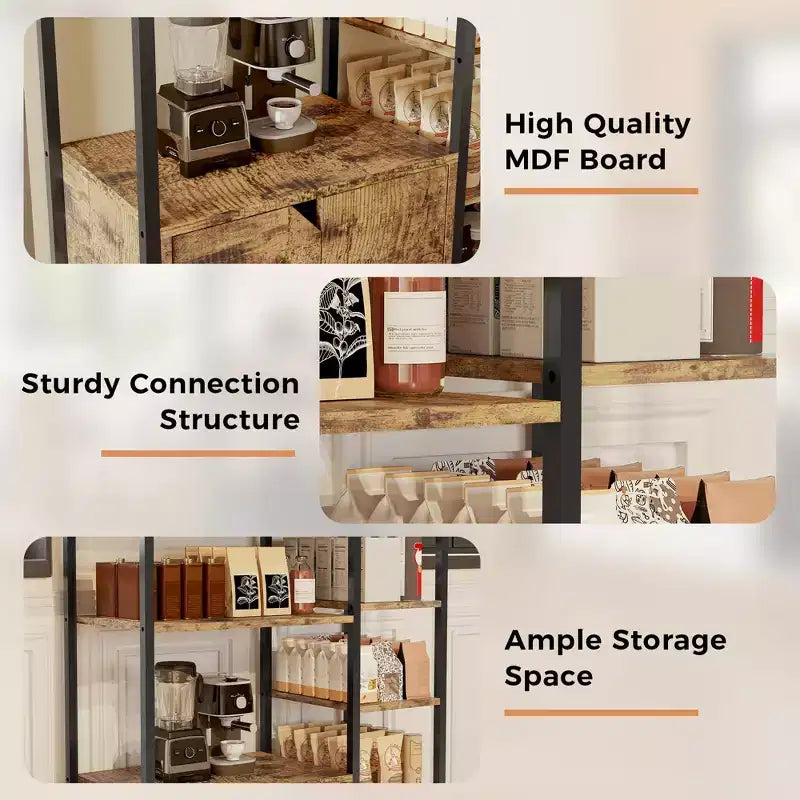 Mobile da Cucina a 5 Ripiani con Ante, Scaffale Multifunzione Indipendente da 97 cm per Microonde e Caffè, Scaffale di Stoccaggio per Cucina, Soggiorno e Ufficio