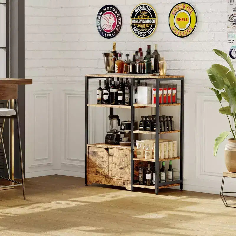 Mobile da Cucina a 5 Ripiani con Ante, Scaffale Multifunzione Indipendente da 97 cm per Microonde e Caffè, Scaffale di Stoccaggio per Cucina, Soggiorno e Ufficio