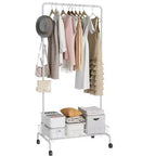 Acekool Rolling Metal Clothes Rack, Single-Bar Garment Organizer with Mesh Shelf for Hanging Clothes, White