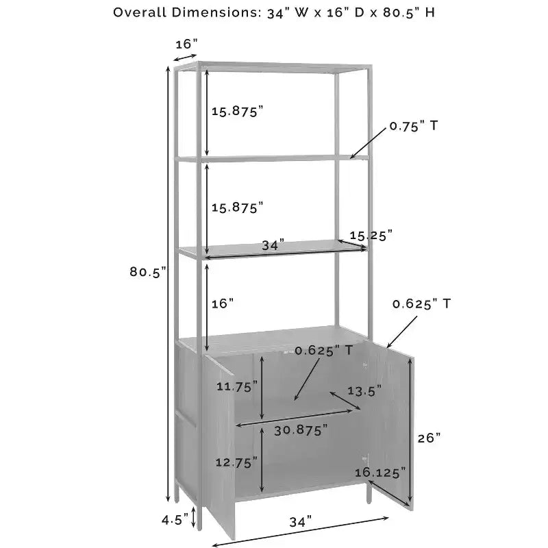 Etagere grande da 204 cm Frassino marrone - Stile industriale, 5 ripiani, Struttura in acciaio