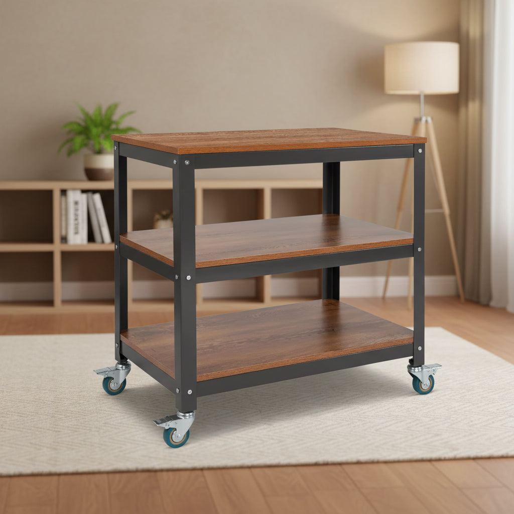 Emma and Oliver 30W Rolling Storage Cart with Metal Wheels in Brown Oak Wood Grain Finish