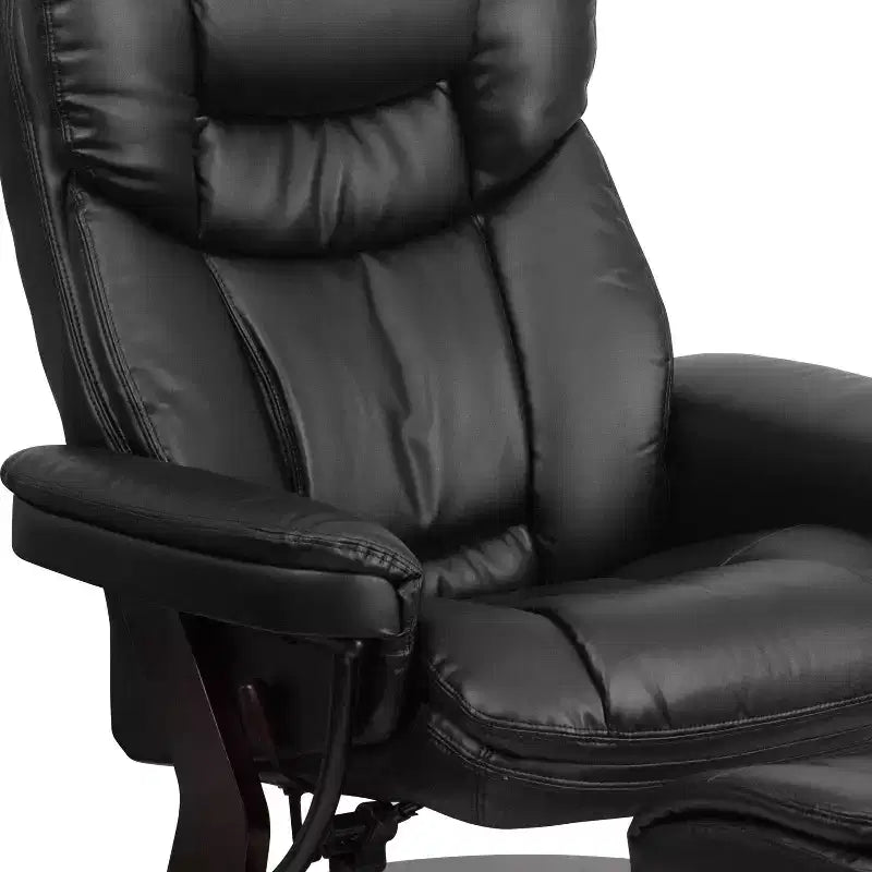 Poltrona reclinabile multiposizione e pouf curvo con base girevole in legno