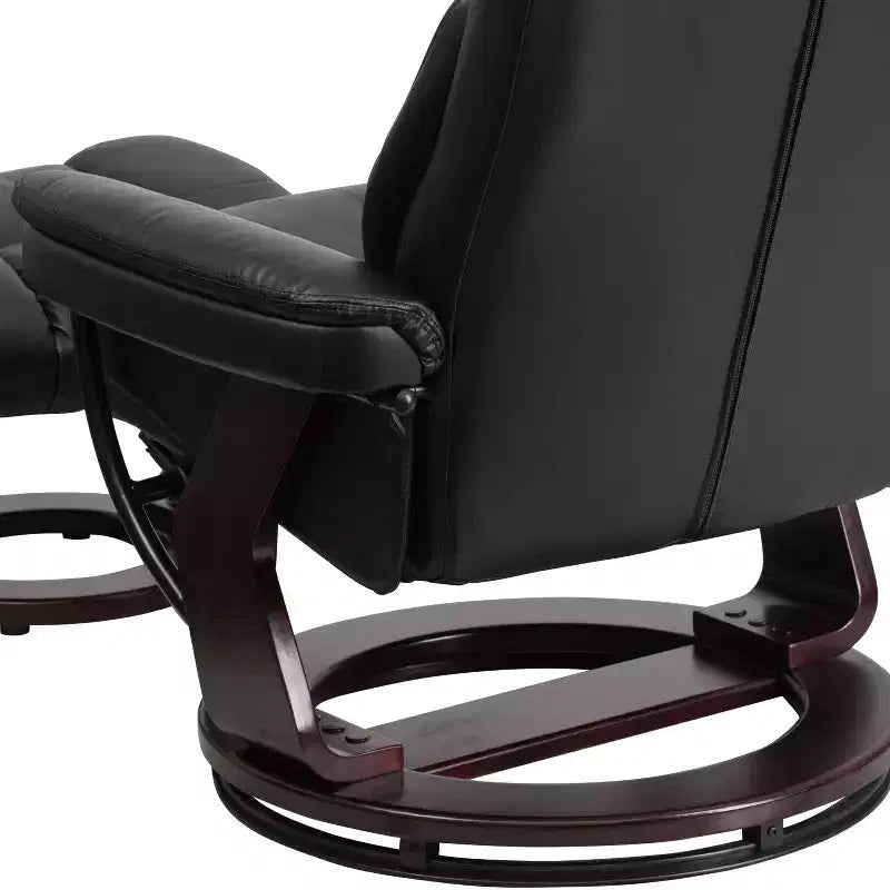 Poltrona reclinabile multiposizione e pouf curvo con base girevole in legno