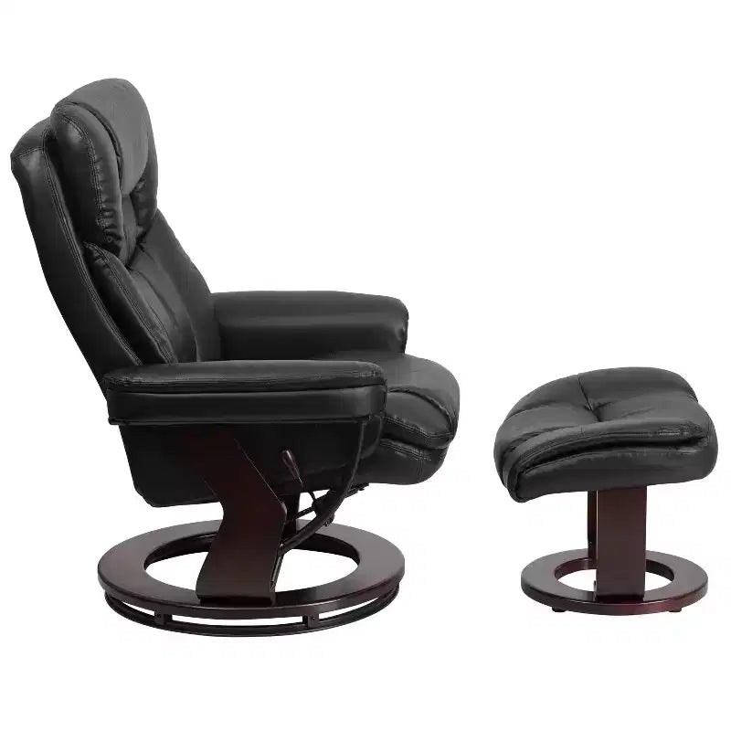 Poltrona reclinabile multiposizione e pouf curvo con base girevole in legno
