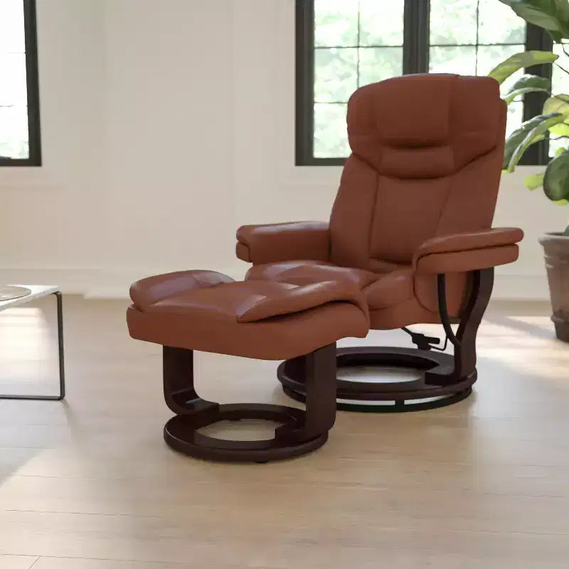 Poltrona reclinabile multiposizione e pouf curvo con base girevole in legno