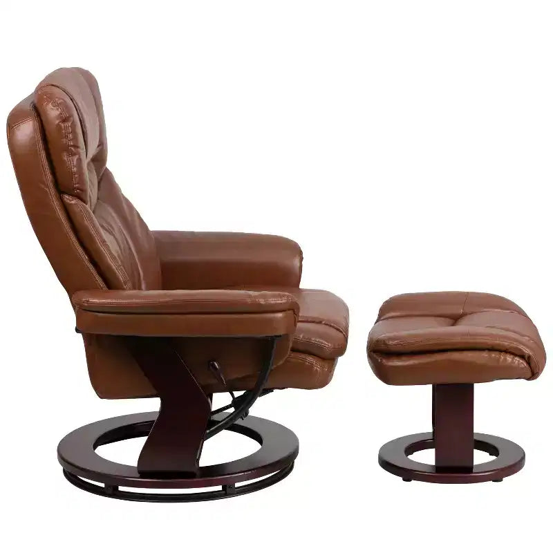 Poltrona reclinabile multiposizione e pouf curvo con base girevole in legno