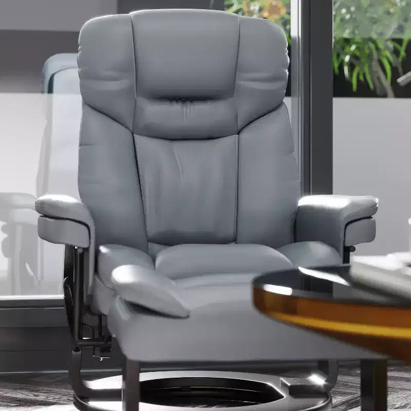 Poltrona reclinabile multiposizione e pouf curvo con base girevole in legno