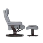 Poltrona reclinabile multiposizione e pouf curvo con base girevole in legno