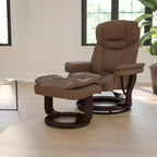 Poltrona reclinabile multiposizione e pouf curvo con base girevole in legno