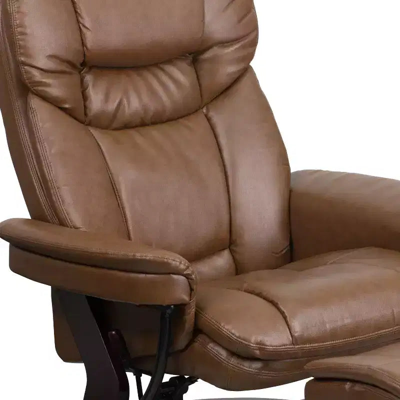 Poltrona reclinabile multiposizione e pouf curvo con base girevole in legno