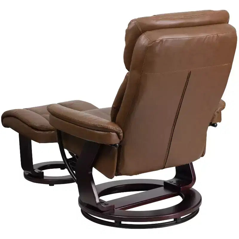 Poltrona reclinabile multiposizione e pouf curvo con base girevole in legno