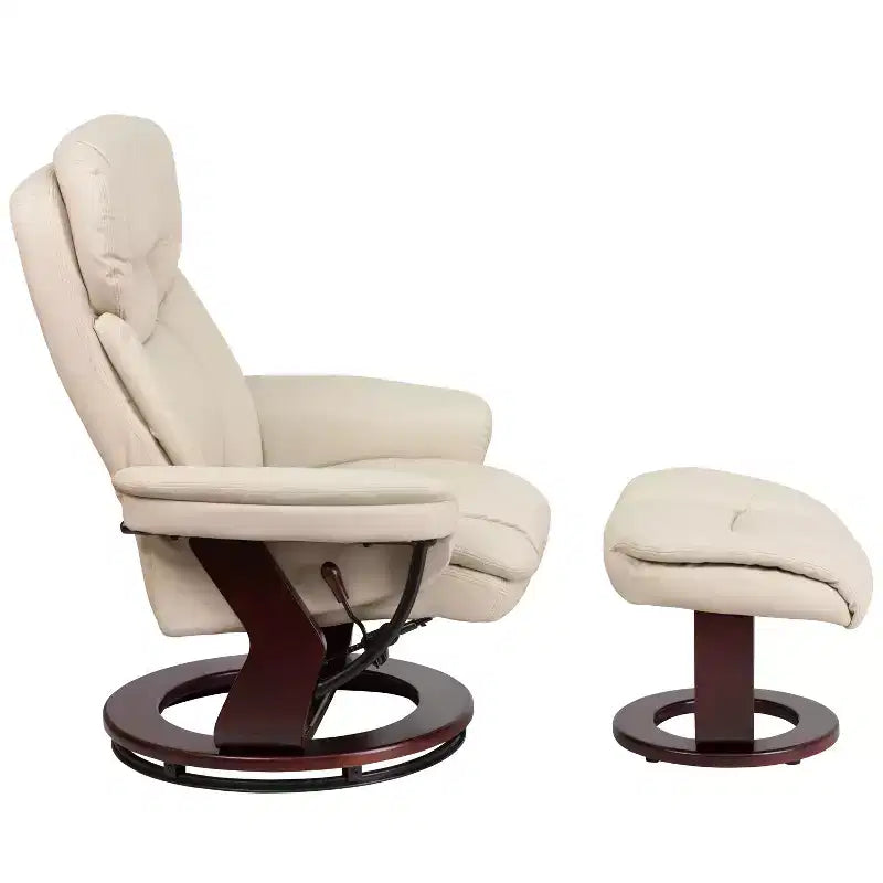 Poltrona reclinabile multiposizione e pouf curvo con base girevole in legno